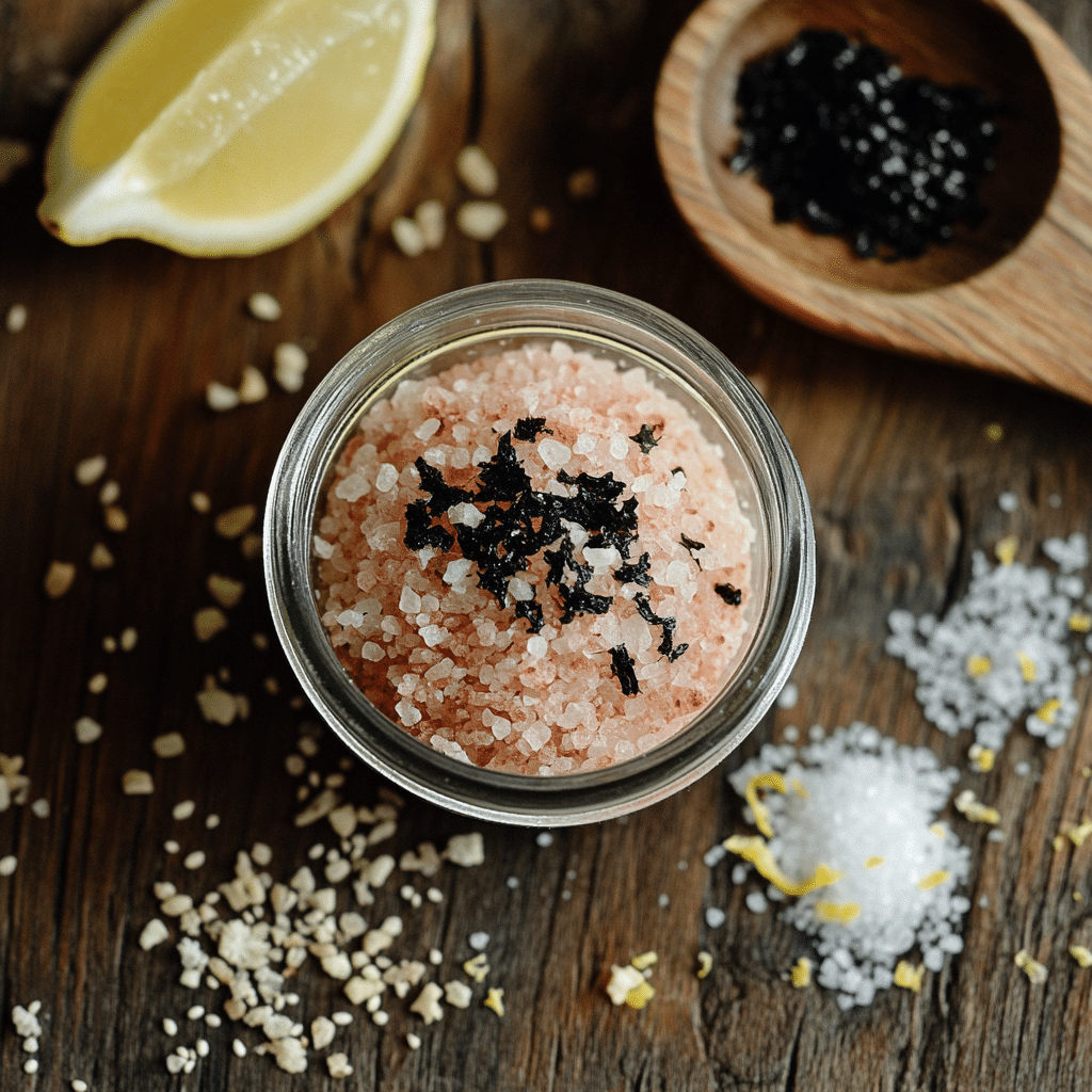Japanese pink salt recipe in a glass jar on wooden table