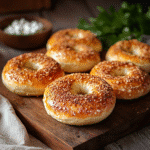 Cottage cheese bagels on wooden board