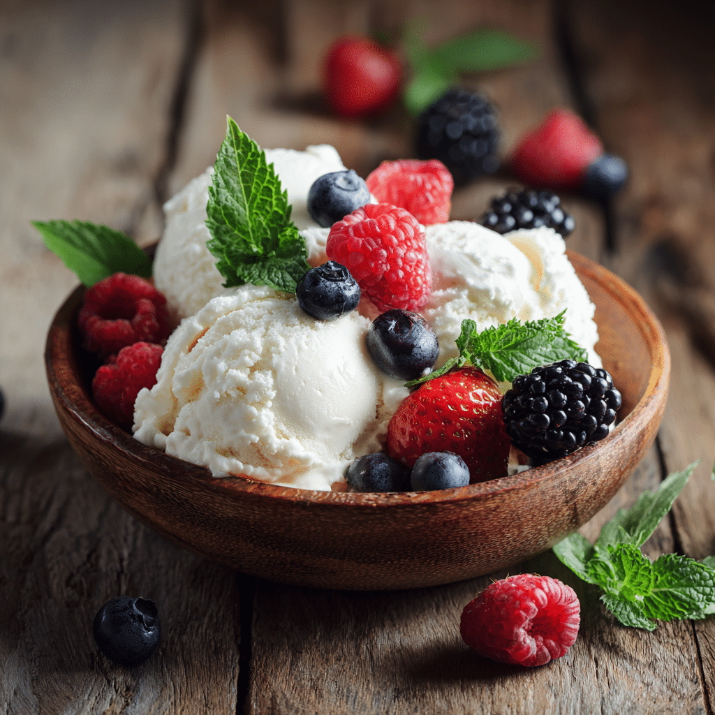Cottage cheese ice cream in bowl with berries