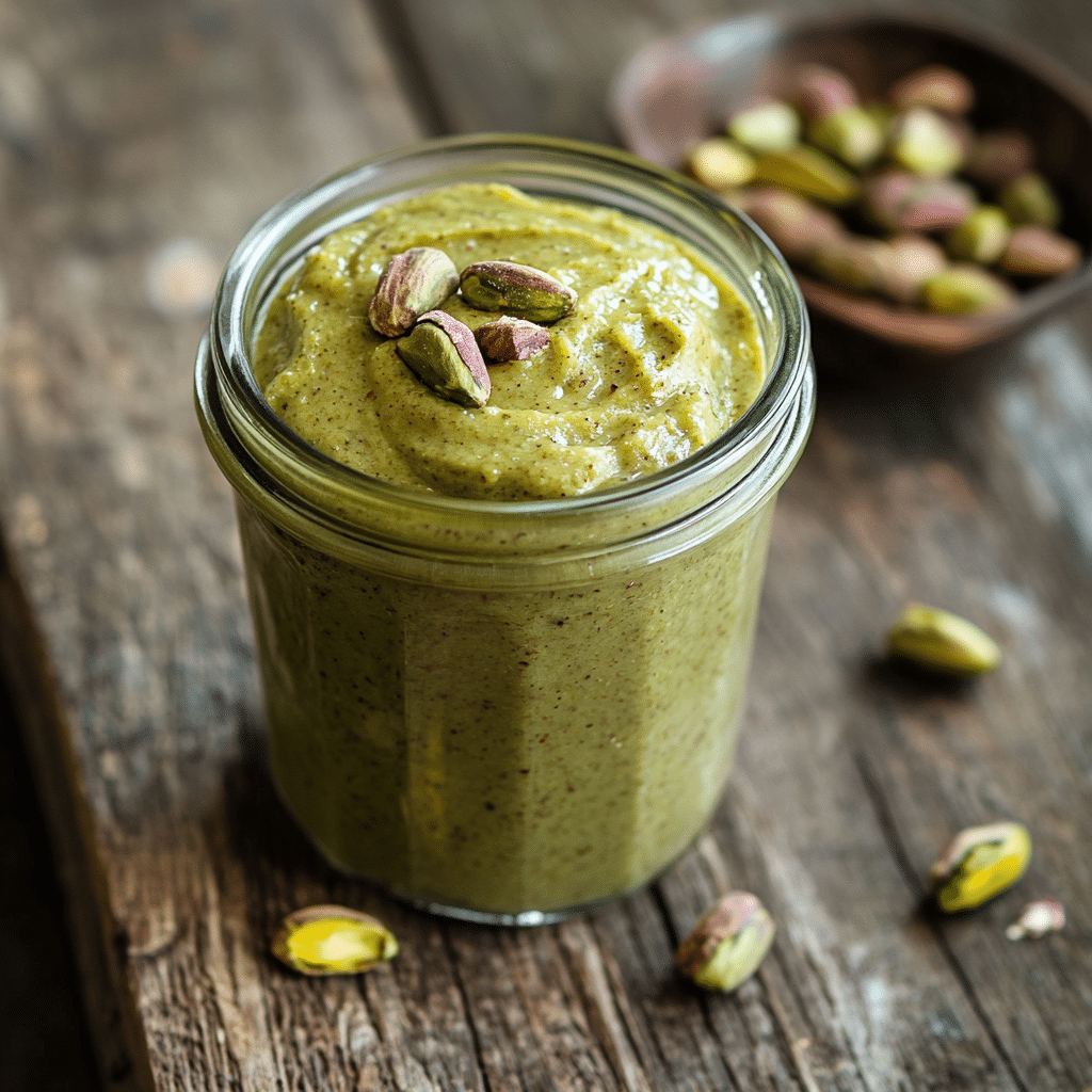 Homemade pistachio butter in a jar